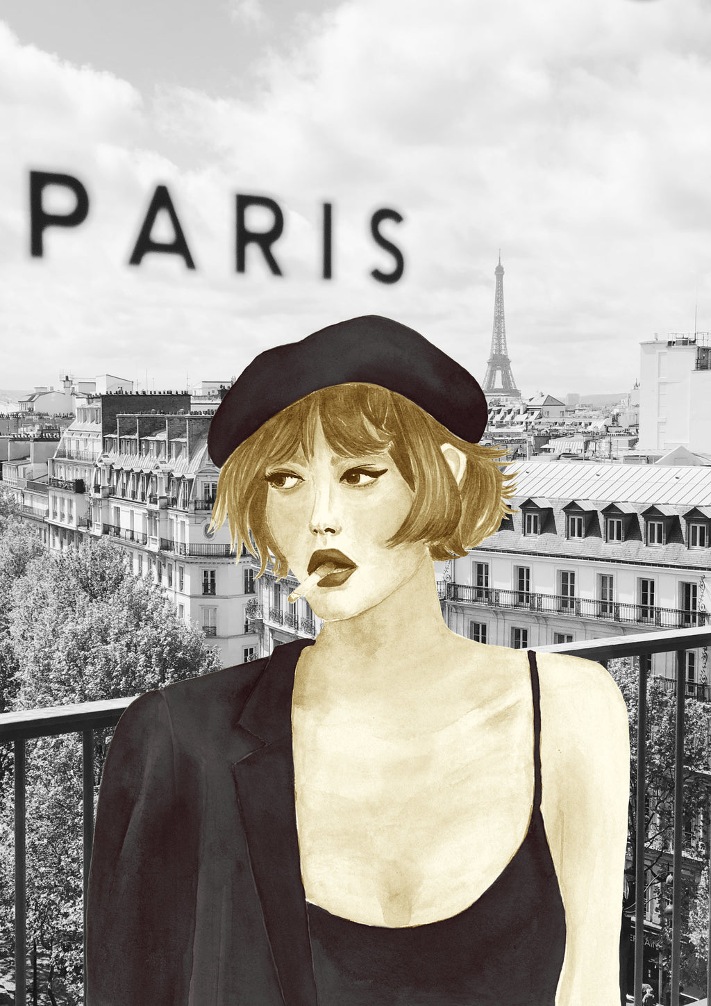 Impresión de acuarela original. Mujer en Paris, con boina y cigarrillo en la boca. Disponible en tamaños A3 y A4