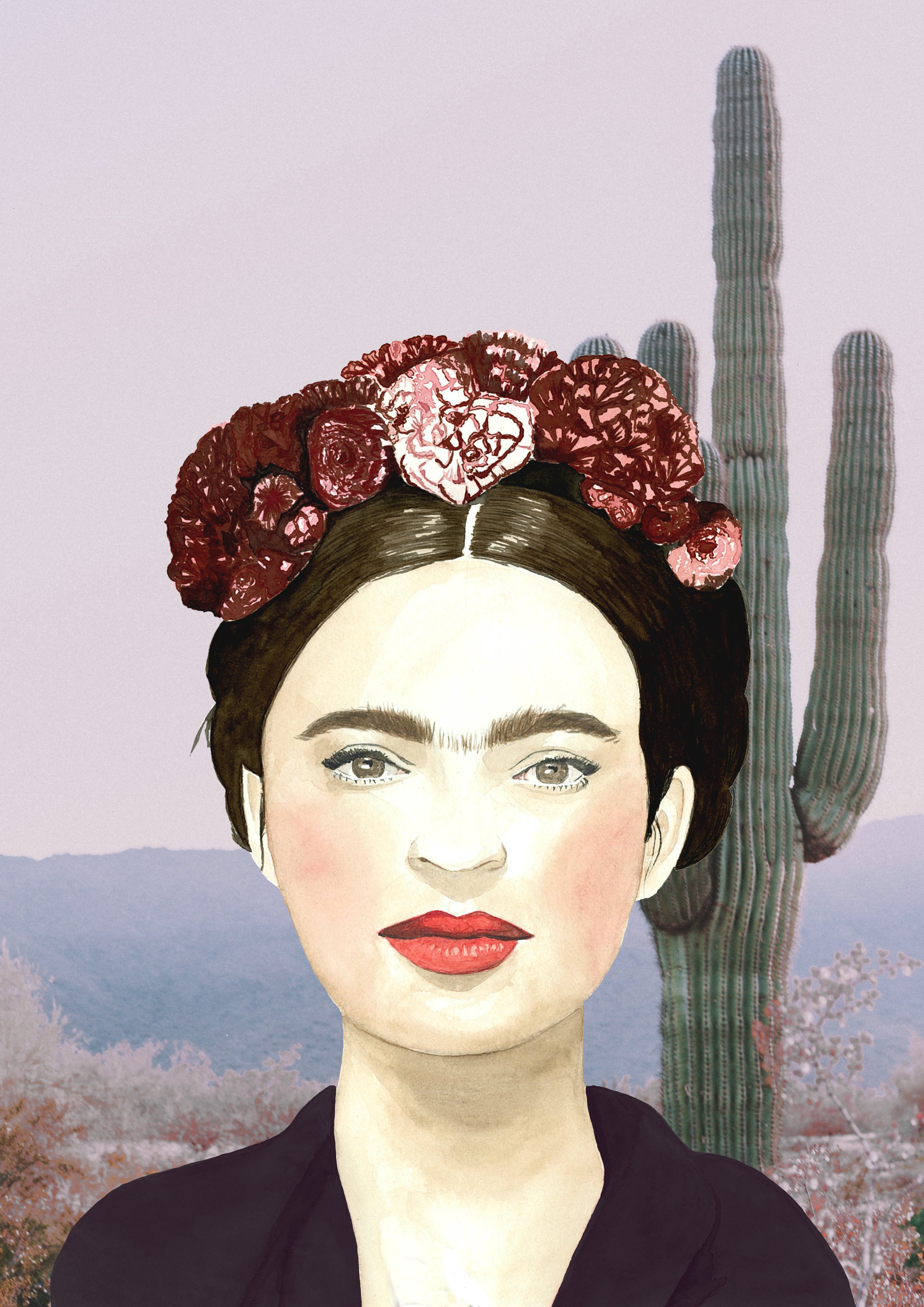 Impresión de acuarela original. Frida, rodeada de cactus. Disponible en tamaños A3 y A4