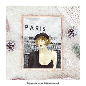 Impresión de acuarela original. Mujer en Paris, con boina y cigarrillo en la boca. Tamaño A4