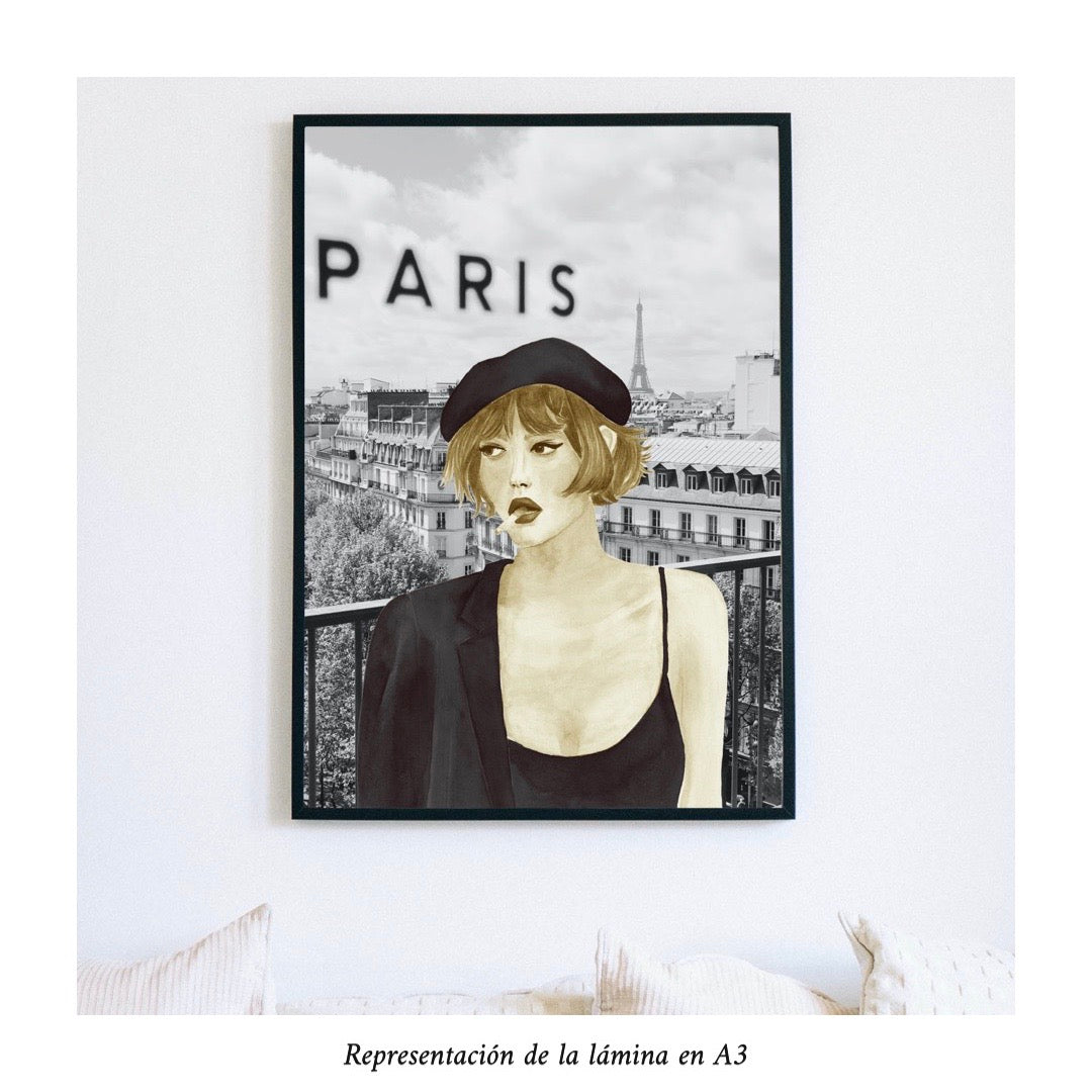 Impresión de acuarela original. Mujer en Paris, con boina y cigarrillo en la boca. Tamaño A3