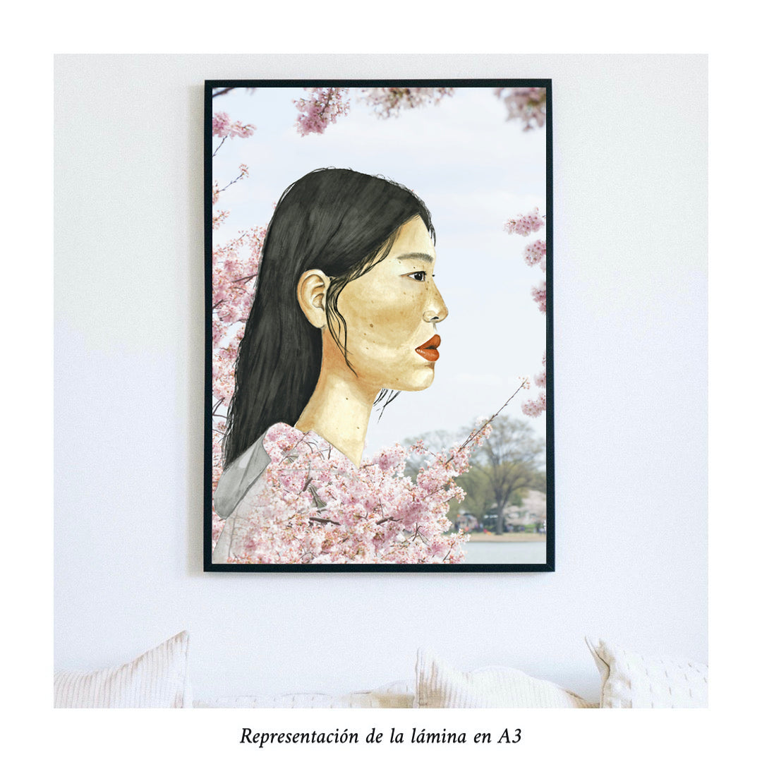 Impresión de acuarela original. Mujer asiática rodeada de cerezos en flor en Japón. Tamaño A3