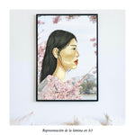 Cargar imagen en el visor de la galería, Impresión de acuarela original. Mujer asiática rodeada de cerezos en flor en Japón. Tamaño A3
