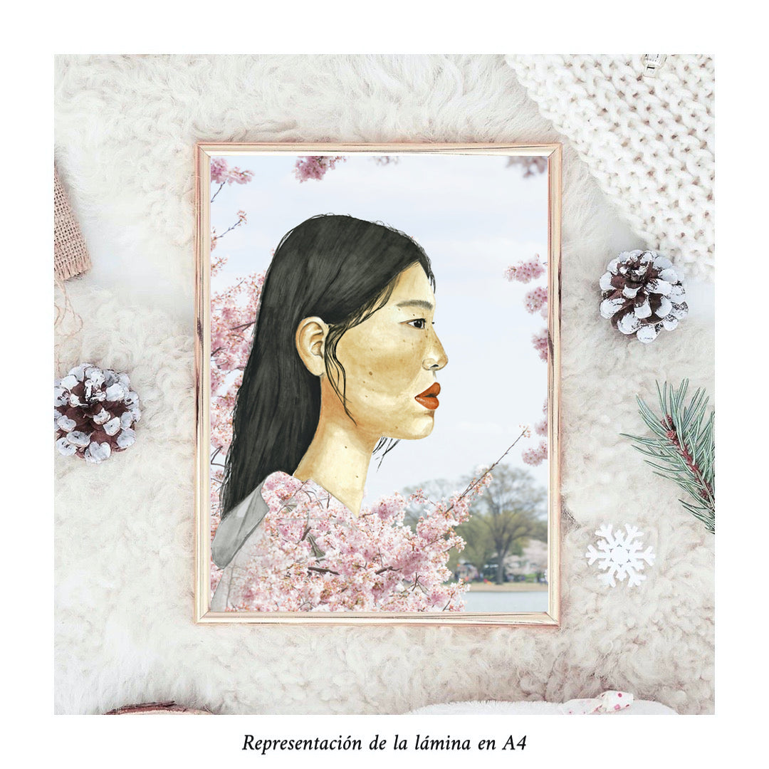 Impresión de acuarela original. Mujer asiática rodeada de cerezos en flor en Japón. Tamaño A4