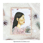 Cargar imagen en el visor de la galería, Impresión de acuarela original. Mujer asiática rodeada de cerezos en flor en Japón. Tamaño A4
