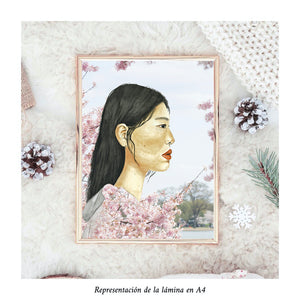 Impresión de acuarela original. Mujer asiática rodeada de cerezos en flor en Japón. Tamaño A4