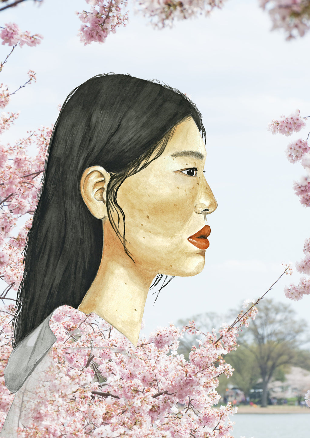 Impresión de acuarela original. Mujer asiática rodeada de cerezos en flor en Japón. Disponible en tamaños A3 y A4