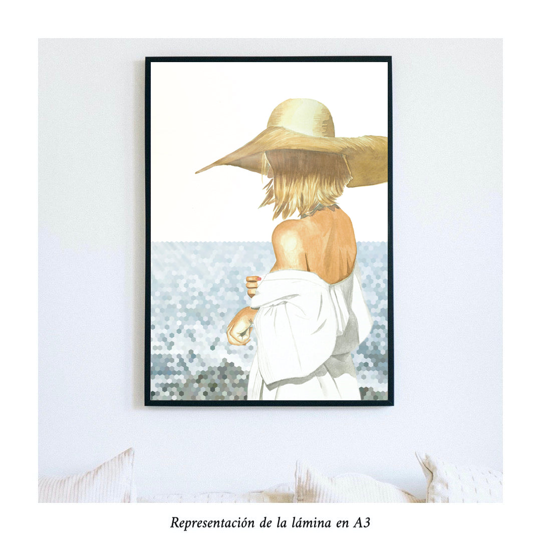 Impresión de acuarela original. Mujer rubia con sombrero y mirada perdida en el mar. Tamaño A3