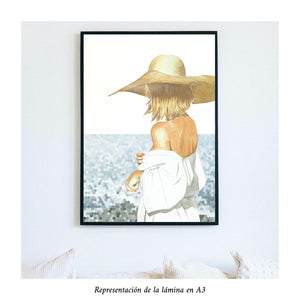 Impresión de acuarela original. Mujer rubia con sombrero y mirada perdida en el mar. Tamaño A3