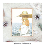 Cargar imagen en el visor de la galería, Impresión de acuarela original. Mujer rubia con sombrero y mirada perdida en el mar. Tamaño A4
