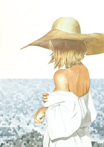Impresión de acuarela original. Mujer rubia con sombrero y mirada perdida en el mar. Disponible en tamaños A3 y A4