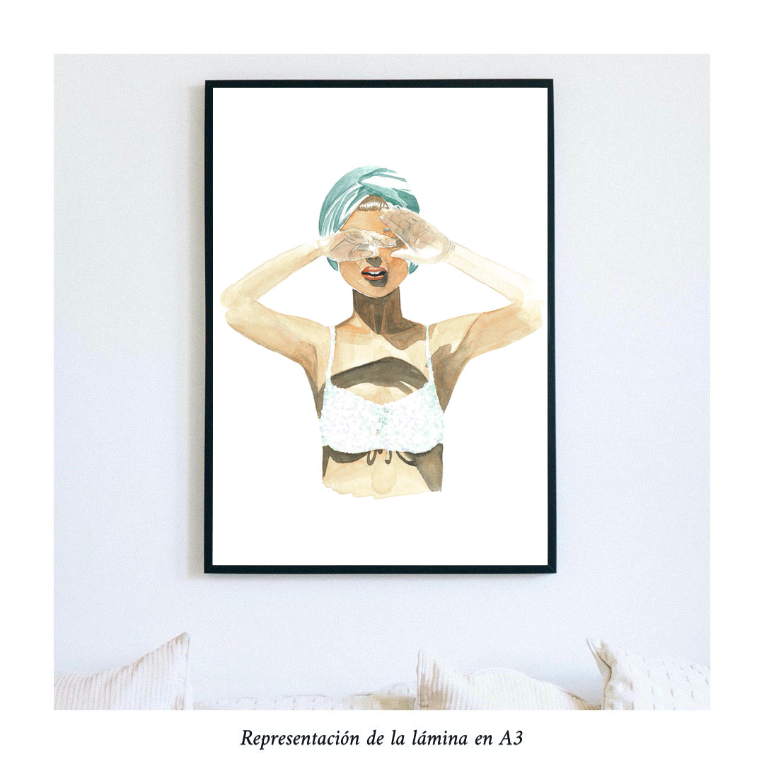 Impresión de acuarela original. Mujer con bikini y turbante tapándose los ojos. Tamaño A3