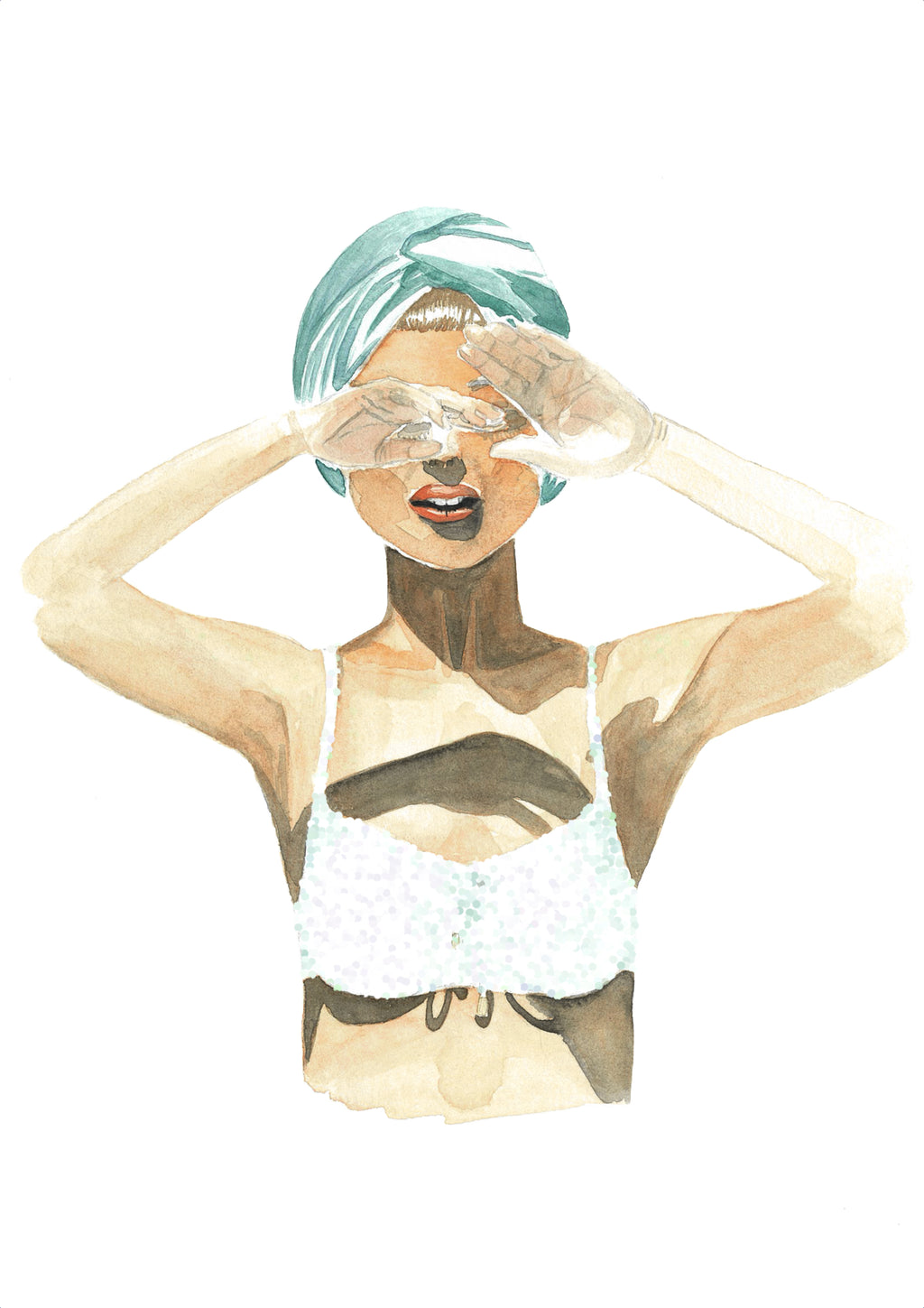 Impresión de acuarela original. Mujer con bikini y turbante tapándose los ojos. Disponible en tamaños A3 y A4